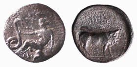 SICILIA - SELINUS (circa 466-415 a.C.) LITRA gr. 0,65 - D/La ninfa seduta a s. su roccia regge con la mano un serpente, sopra una foglia di silene R/T...