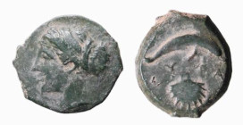 SICILIA - SIRACUSA (circa 405 a.C.) HEMILITRAE gr.2,9 - D/Testa di Atena a s. R/Delfino a destra, sotto una conchiglia e la legenda SVPA - Ae- Sng.Ans...