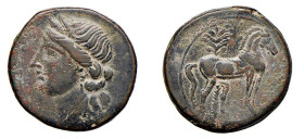 PUNICHE - ZEUGITANIA: CARTAGINE O SARDEGNA (220-215 a.C.) Periodo di Annibale, seconda guerra punica - AE 30 - gr.19,9 - Ø mm. 30 - D/Testa di Tanit a...