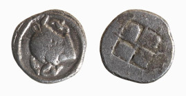 MACEDONIA - ACANTHUS (circa 500-480 a.C.) TETROBOLO gr.2,4 - D/Protome di toro a s. con testa rivolta all'indietro, sopra un fiore R/Quadrato puntinat...