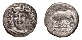 THESSAGLIA - LARISSA (356-342 a.C.) DRACMA gr.5,8 - D/Volto di tre quarti della ninfa Larissa R/Cavallo a d. nell'atto di inginocchiarsi con sopra ΛAP...