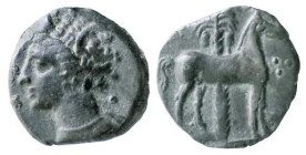 ZEUGITANIA - CARTAGINE (circa 400-350 a.C.) AE -mm.16 - D/Testa di Tanit a s., indossa corona di grano R/Cavallo stante a d. alle spalle una palma, da...