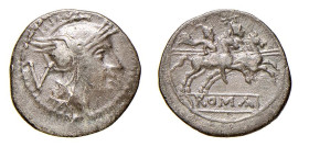 ROMA - ANONIME SENZA SIMBOLI (dopo il 211 a.C.) QUINARIO gr.2,1 - D/Testa di Roma a d. con dietro il segno del valore V R/I Dioscuri al galoppo a d. s...