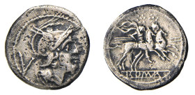 ROMA - ANONIME (dopo il 211 a.C.) QUINARIO - D/Testa elmata di Roma a d. con dietro V R/I dioscuri a cavallo galoppano a d. con sopra 2 stelle. Esergo...