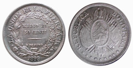 BOLIVIA - REPUBBLICA - 50 CENTAVOS 1899 MM - D/Stemma ovale su bandiere e armi R/Scritta entro rami di alloro e quercia - Ar - KM,161.5 SPL