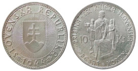 CZECHOSLOVAKIA - REPUBLIC (1944) 10 KORUN 1944 - D/Stemma nel campo raggiato R/Knieza Pribina posa la pietra della prima chiesa slovacca con dietro un...