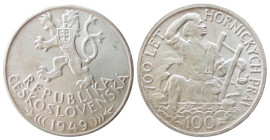 CZECHOSLOVAKIA - REPUBLIC (1949) 100 KORUN 1949 - 700TH ANNIVERSARY OF JIHLAVA MINING PRIVILEGES - D/Leone rampante con stemma a s. con sotto scritte ...