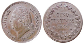 FRANCE - LOUIS XVIII (1815-1824) ESSAI DE 5 CENTIMES DE TIOLIER, PARIS, 1821 - D/Busto del Re a capo scoperto rivolto a s.; sotto ESSAI In contorno: L...