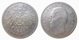 GERMANY - BAVIÈRE - OTHON (1886-1913) 5 MARK 1908- Munich - D/Testa nuda a s. OTTO KOENIG VON BAYERN Sotto la lettera D R/Aquila coronata con ali spie...