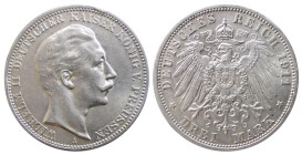 GERMANY - PRUSSIA - WILHELM II (1888-1918) 3 MARK 1911 – BERLIN - D/Testa nuda a d. con sotto A R/Aquila imperiale coronata e rivolta a s. DEUTSCES RE...