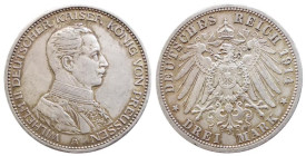GERMANY - PRUSSIA - WILHELM II (1888-1918) 3 MARK 1914 – BERLIN - D/Busto a destra con sotto il segno di zecca. WILHELM II DEUTSCHER KAISER KÖNIG V. P...