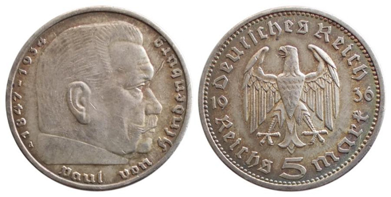 GERMANY - THIRD REICH (1936) 5 MARK 1936 - BERLIN - D/Testa a d. R/Aqulia spiega...