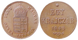 HUNGARY - WAR OF INDEPENDENCE (1848-1849) KREUZER 1848 - KREMNICA - D/Stemma coronato R/Scritta e data in 3 righe - Ae - J.: 263 qFDC