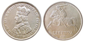 LITUANIA - FIRST REPUBLIC (1918-1940) 10 LITAS 1936 - D/Cavaliere a s. con spada R/Busto coronato a d. - Ar - KM 83 SPL+