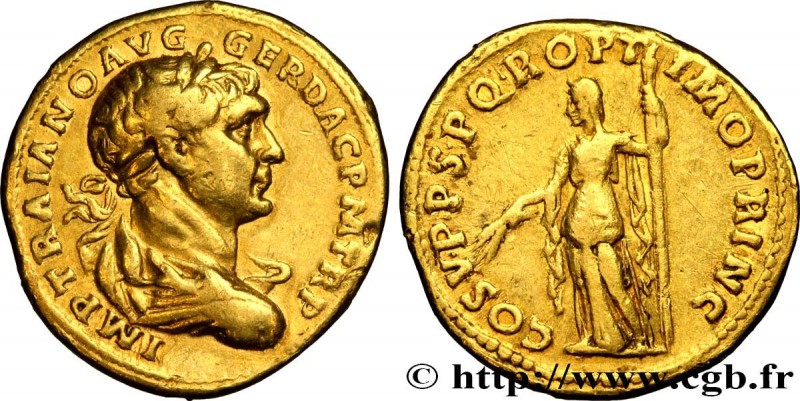 TRAJANUS
Type : Aureus 
Date : 22e ém. 
Date : 107 
Mint name / Town : Rome ...