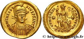 THEODOSIUS II
Type : Solidus 
Date : 408-420 
Mint name / Town : Constantinople 
Metal : gold 
Millesimal fineness : 1000 ‰
Diameter : 21 mm
Or...