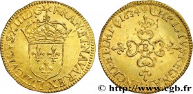 LOUIS XIII
Type : Écu d'or au soleil, 1er type 
Date : 1634 
Mint name / Town : Rouen 
Quantity minted : 76600 
Metal : gold 
Millesimal finenes...