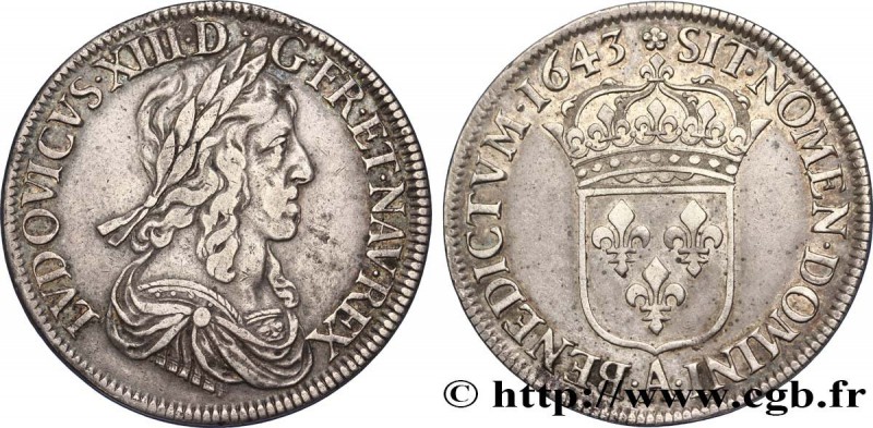 LOUIS XIII
Type : Écu d'argent, 3e type, 2e poinçon de Warin 
Date : 1643 
Mi...