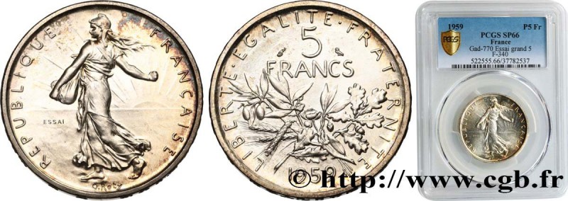 V REPUBLIC
Type : Essai de 5 francs Semeuse, argent, grand 5 
Date : 1959 
Mi...