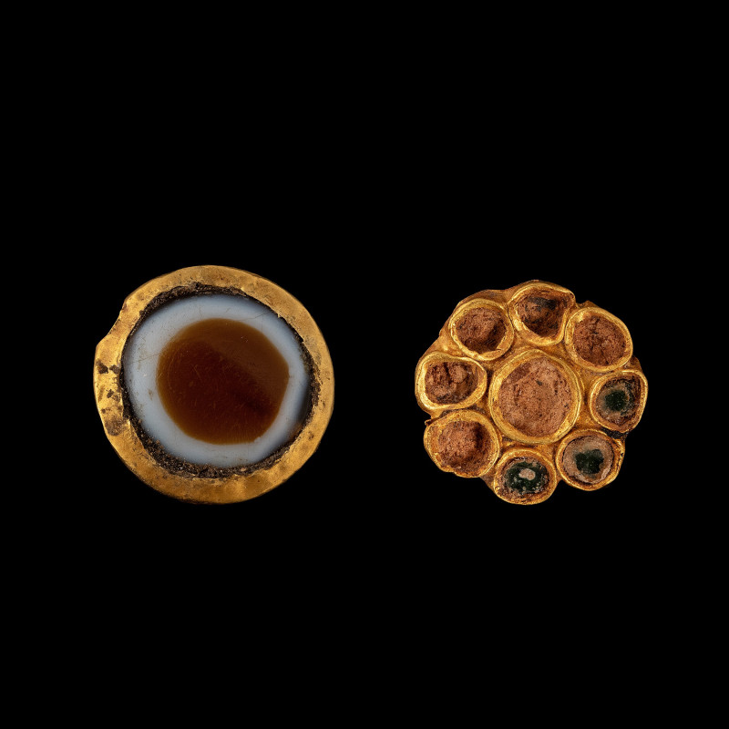 TWO BACTRIAN GOLD AND AGATE ELEMENTS.
Bactria, Late 2nd-1st Millennium BCE
Dia...