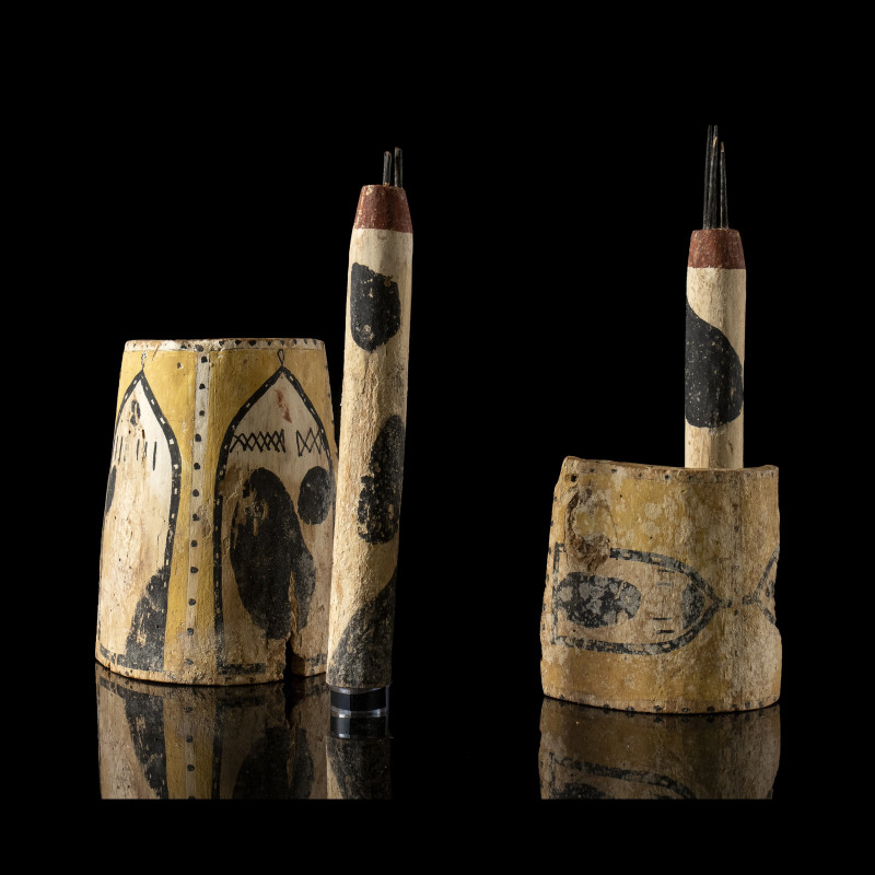 TWO EGYPTIAN WOODEN PAINTED FUNERARY FURNITURE ELEMENTS.
Moyen-Empire, Dynasty ...