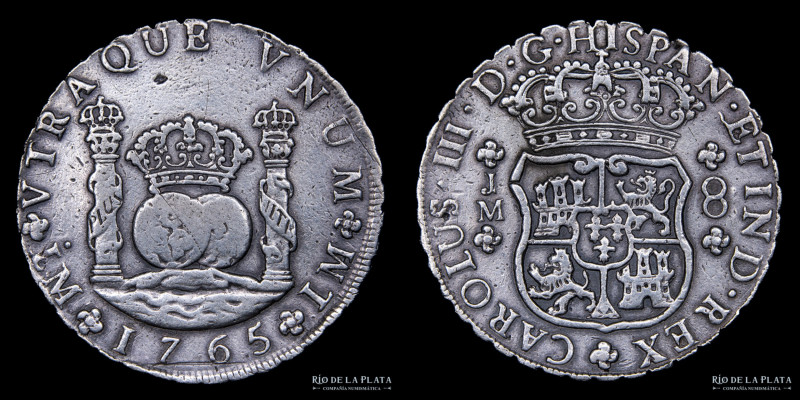 Lima. Carlos III (1759-1788) 8 Reales 1765 LM. Columnaria. Plata 917; 38.5mm; 26...