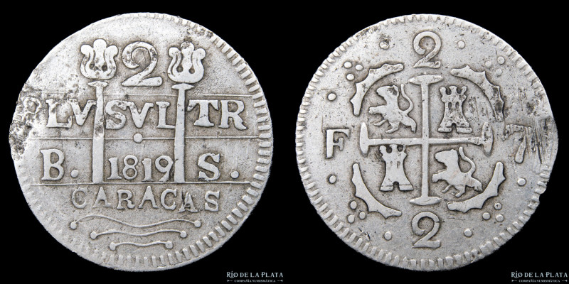 Caracas. Fernando VII (1808-1833) 2 Reales 1819 BS. Simil Macuquina. Plata; 24.5...