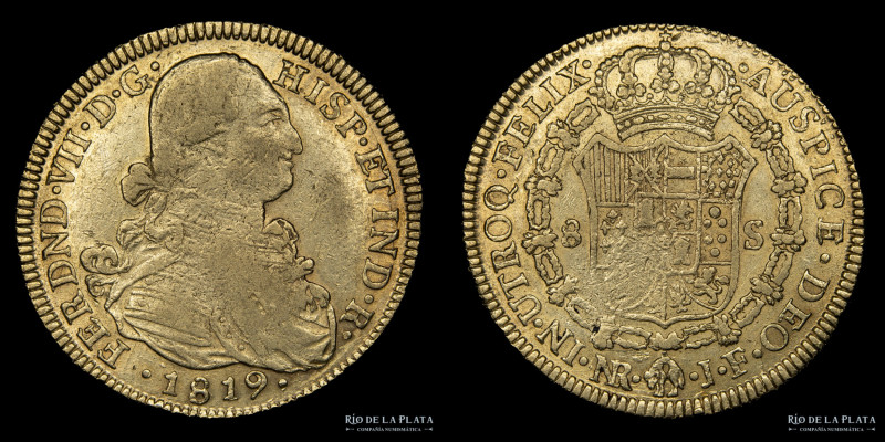 Nuevo Reino (Colombia) Fernando VII (1808-1833) 8 Escudos 1819 JF. Oro 875; 37.8...