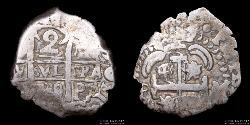 Potosí. Felipe V (1701-1747) 2 Reales 1738 M (Pedro Manrique de Jiménez). Macuqu...