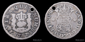 Potosi. Carlos III. 1/2 Real 1767 JR Columnaria. Error "P". CJ 62.1.1
