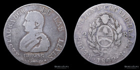 Argentina. La Rioja. 2 Reales 1842. Rosas. Doble golpe. CJ 63.1