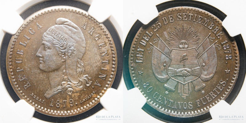 Argentina. Ensayo Nacional. 80 Centavos Fuertes 1879. Bronce; 34mm; 10.91g. Grab...