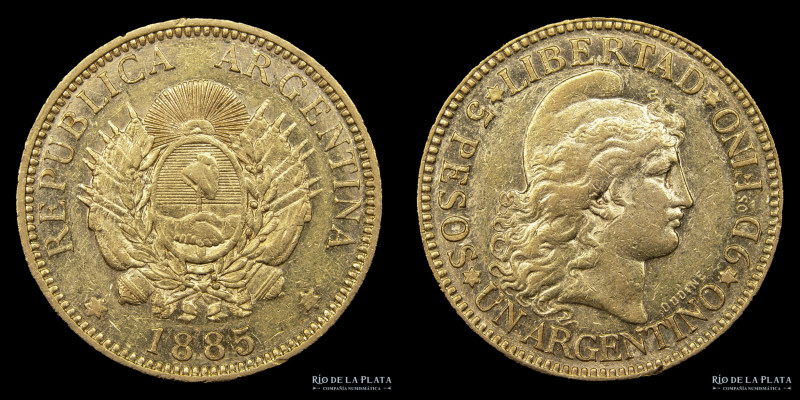 Argentina. 5 Pesos 1885 "Argentino de oro". Oro 900; 22.1mm; 8.07g. Ceca de Buen...