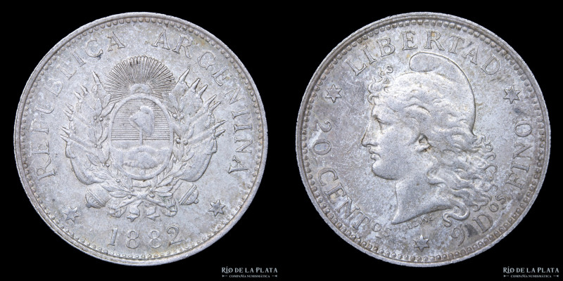 Argentina. 20 Centavos 1882. Plata 900; 23.3mm; 5.00g. Buenos Aires mint. Cantid...