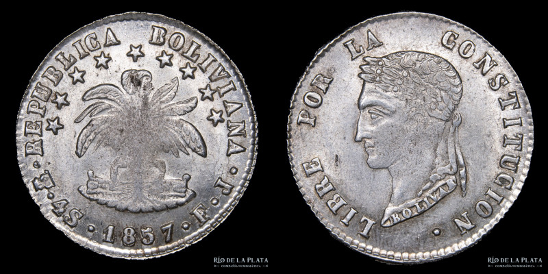 Bolivia. 4 Soles 1857 FJ. Plata 667; 32.0mm; 13.38g. KM123.2 (UNC)

Estimate: ...