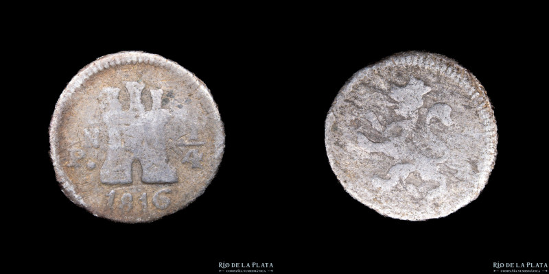Popayán. Fernando VII (1808-1833) 1/4 Real 1816 PN. Plata 896; 12.0mm; 0.56g. KM...