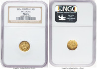 Salzburg. Leopold Anton Eleutherius gold 1/4 Ducat 1734 MS65 NGC, KM330. A small but visually superior piece, exhibiting crisp motifs and an admirable...