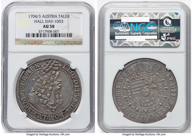 Leopold I Taler 1704/3 AU58 NGC, Hall mint, KM644.4, Dav-1003. A near-Mint examp...