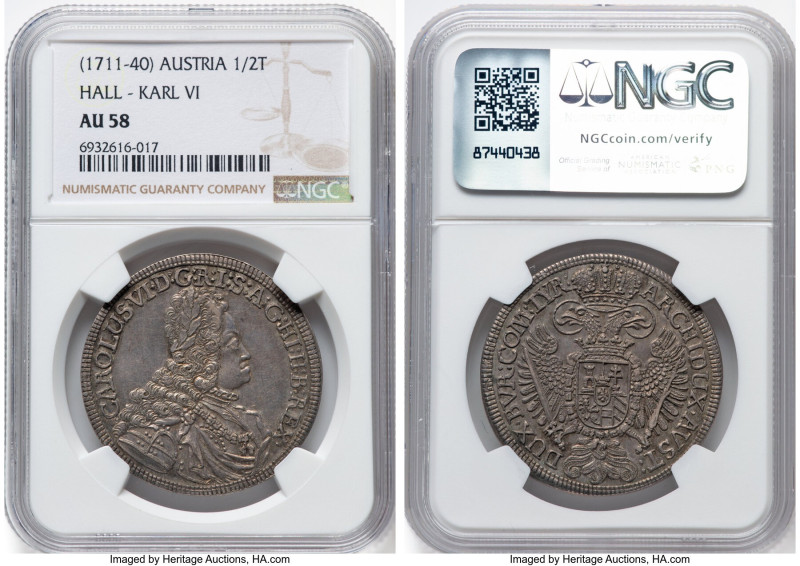Karl VI 1/2 Taler ND (1711-1740) AU58 NGC, Hall mint, KM1547. Strong detail for ...