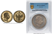 Franz Joseph I 2 Florin 1874 MS64 PCGS, KM2233, Dav-27. Mintage: 79,000. The highest available at PCGS, displaying wheat toning and enchanting cartwhe...
