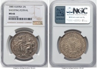 Franz Joseph I silver "Shooting Festival" Medallic 2 Florin 1880 MS66 NGC, KM-XM6, Wurzbach-9360, Hauser-5101. By Scharff. Commemorating the first fed...