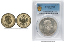 Franz Joseph I 2 Florin 1888 MS64 PCGS, KM2233, Dav-27. Mintage: 73,000. Cartwheel luster and pewter tones make this near-Gem offering a lovely sight ...