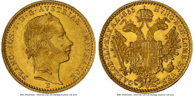 Franz Joseph I gold Ducat 1865-E MS65 NGC, Karlsburg mint, KM2264. Featuring rich buttery tones as luster cascades on these detailed devices. HID09801...