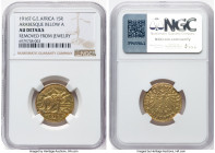 German Colony. Wilhelm II gold 15 Rupien 1916-T AU Details (Removed From Jewelry) NGC, Tabora mint, KM16.2, J-728a, Fr-1. Arabesque below the A in "OS...