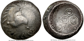 CELTS. The Vindelici. Ca. 1st century BC. BI stater (16mm, 8h). NGC VF, die shift. Regenbogenschüsselchen type. Triskeles counter-clockwise, pellet wi...