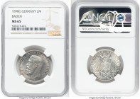 Baden. Friedrich I 2 Mark 1898-G MS65 NGC, Karlsruhe mint, KM269, J-28. From the second-lowest mintage in the nearly decade-long run, this circulated ...
