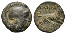 KINGS of THRACE.Lysimachos.(305-281 BC).Ae.

Obv : Head of Athena right, wearing crested Attic helmet.

Rev : ΒΑΣΙΛΕΩΣ ΛΥΣΙΜΑΧΟΥ.
Lion leaping right, ...