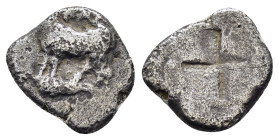 THRACE.Byzantion.(Circa 340-320 BC).1/5 Stater.

Obv : ΠY.
Bull standing left on dolphin.

Rev : Quadripartite millsail incuse.
SNG BM Black Sea 36-41...