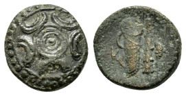 KINGS of MACEDON. Alexander III The Great.(336-323 BC).Miletos or Mylasa. Ae.

Obv : Macedonian shield.

Rev : K.
Bow in quiver, club and grain ear.
P...