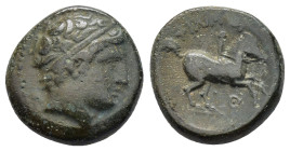 KINGS of MACEDON. Philip II.(359-336 BC).Uncertain mint in Macedon.Ae.

Obv : Diademed head of Apollo right.

Rev : ΦΙΛΙΠΠΟΥ.
Youth on horse rearing r...